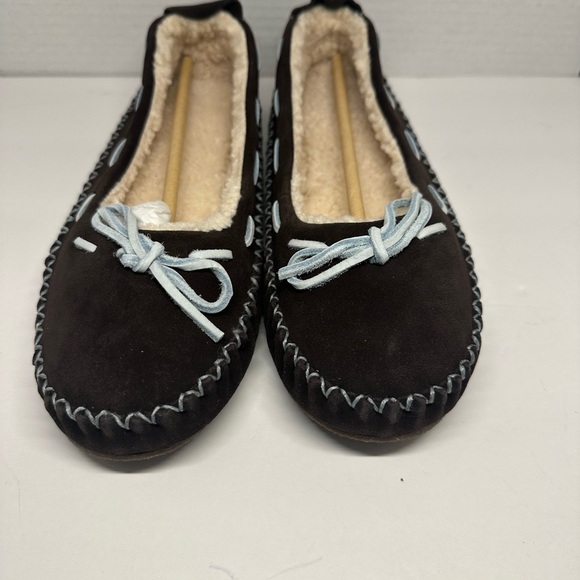 L.L. Bean Hearthside Chocolate Brown Suede Moccasin Slippers with Blue Accents - Picture 2 of 7